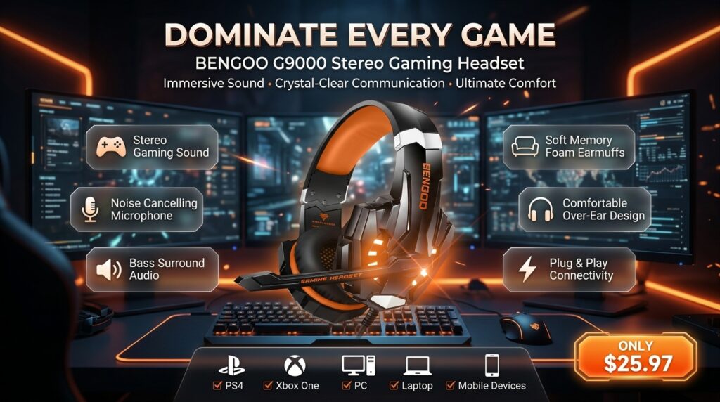 BENGOO G9000 Stereo Gaming Headset with noise-cancelling microphone, LED lights, and memory foam earmuffs for PS4, Xbox One, and PC gaming.
