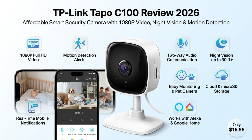 TP-Link Tapo C100 indoor security camera with 1080P video, motion detection, night vision, and two-way audio